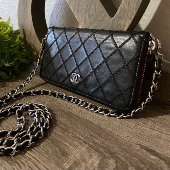 🖤 🥀Chanel Zip Wallet on Chain similar Double Zipper Quilted Diamond Stitch WOC - Picture 2 of 12